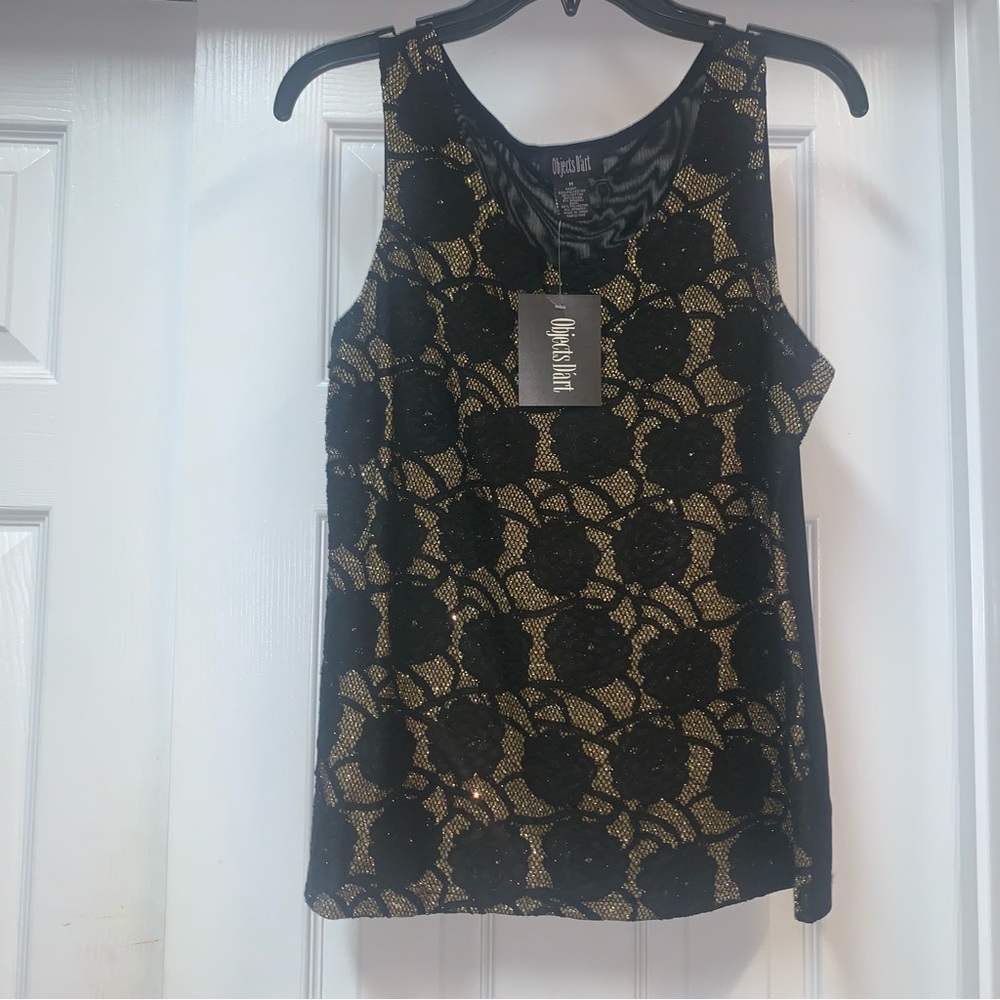 Objects D’art Brand top that is black with very complimentary gold undertones.
